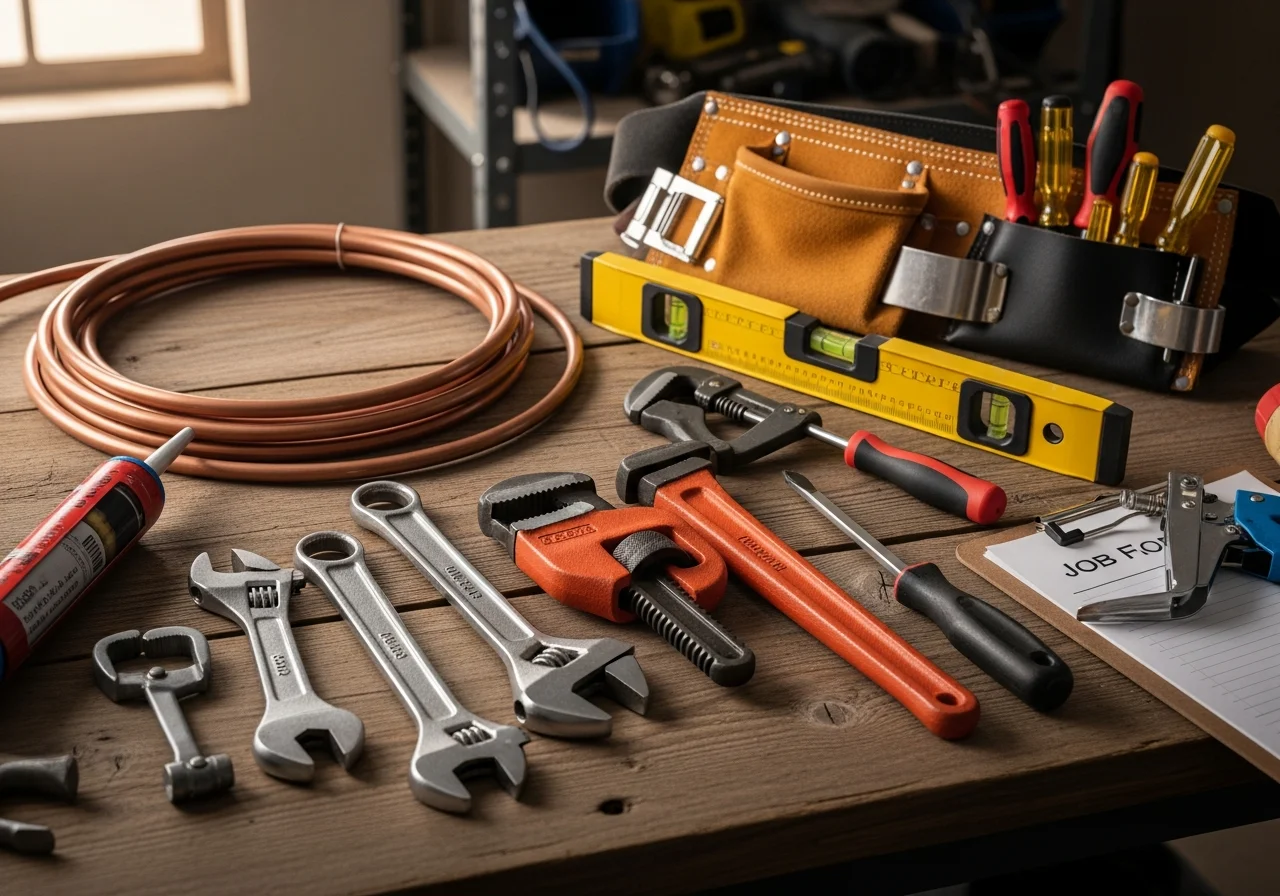 Handyman tools and equipment arranged on a work surface, ready for home repair and maintenance jobs.