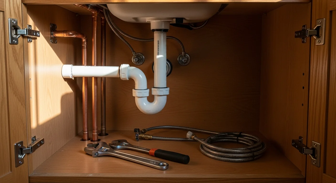 Plumber repairing kitchen sink pipe