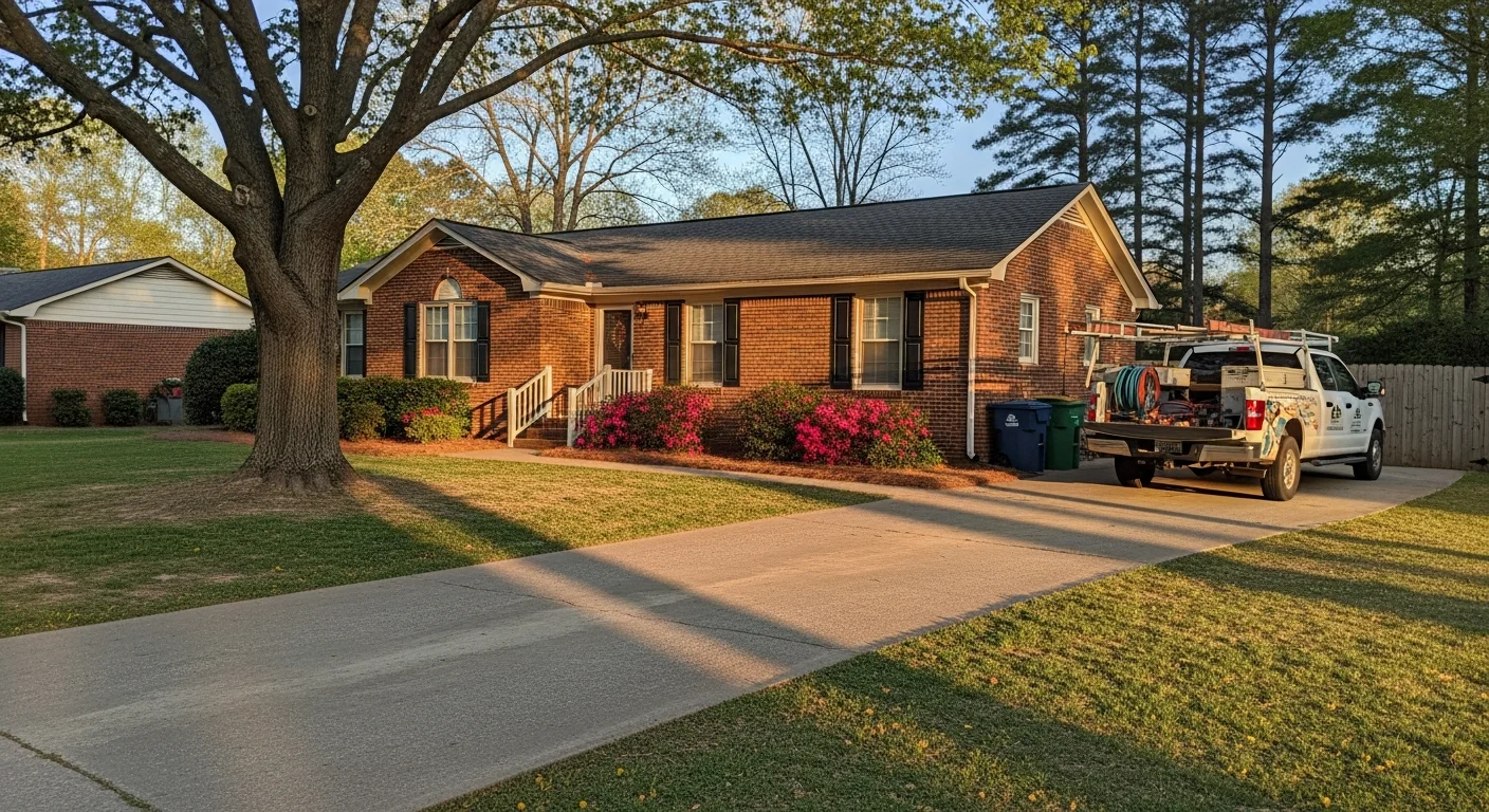 Suburban home with mature trees in Conyers, Rockdale County, showing typical residential property with driveway and landscaping.