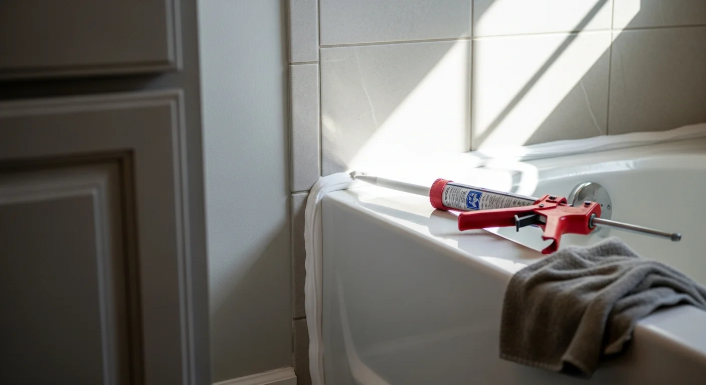 A handyman applying fresh white sealant along the joint between a bathtub and tile wall inside a Rockdale County home. The finished caulk line is smooth and even, with old discolored sealant removed and the surrounding tile surface clean and dry.