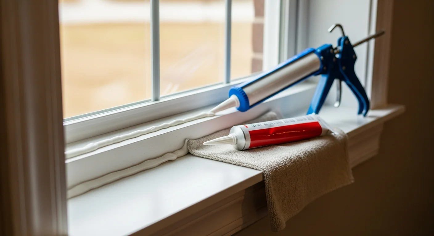 A handyman applying a clean, even bead of caulk along the seam of a bathtub surround inside a Rockdale County, Georgia home. The finished caulk line runs straight and smooth against white tile.