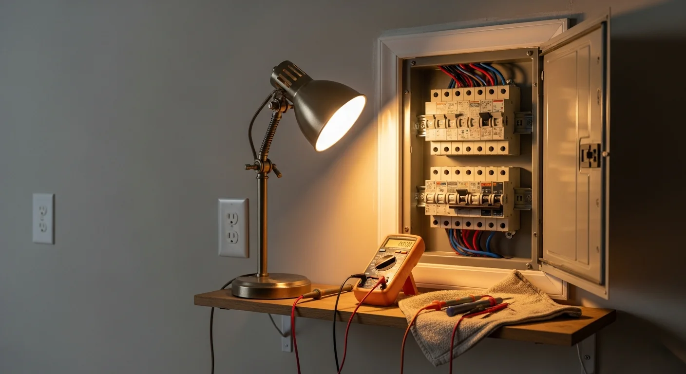 A licensed electrician inspecting an open residential circuit breaker panel inside a Rockdale County home. The panel shows labeled breaker slots with one breaker being tested for faults.