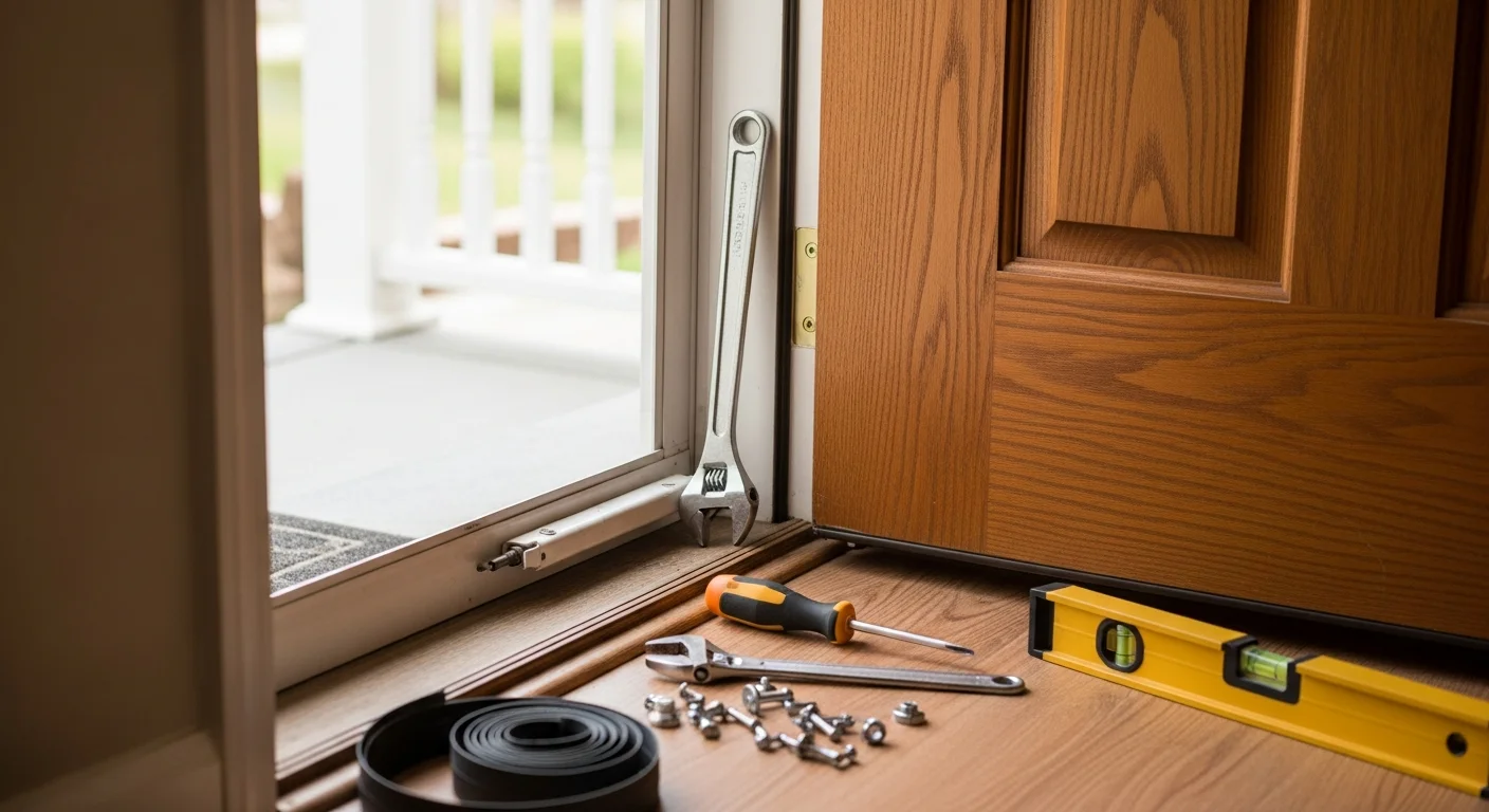 A repaired exterior door on a residential home in Rockdale County, Georgia, showing a properly aligned frame and closed latch. A handyman adjusts the door hinge with a screwdriver during an on-site repair visit.