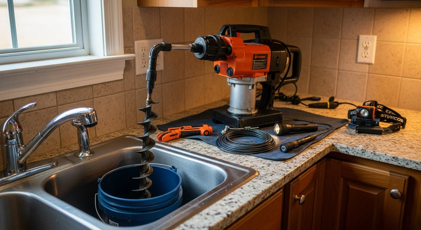 A plumber clearing a blocked kitchen drain line in a Rockdale County home, with drain cleaning equipment visible on the floor beside the cabinet. The sink drain is open and ready for service.