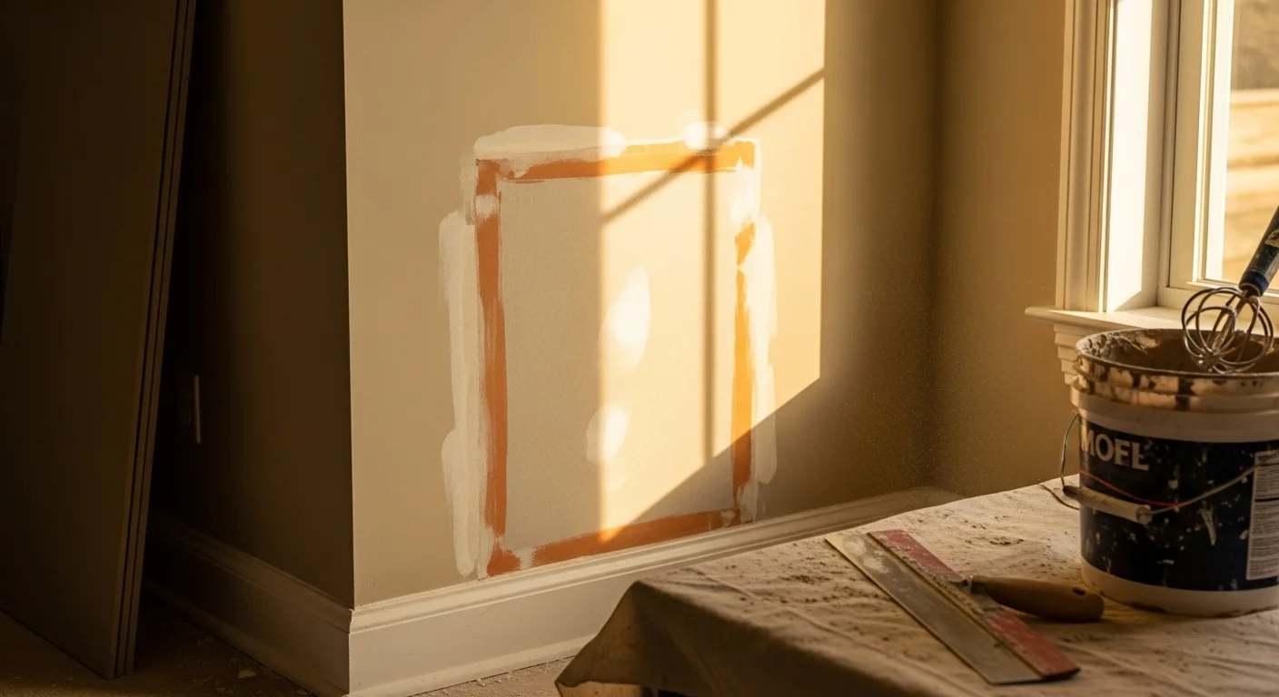A smooth, freshly patched and retextured drywall section on an interior wall of a Rockdale County, Georgia home. The repaired area blends evenly with the surrounding wall surface and is ready for paint.