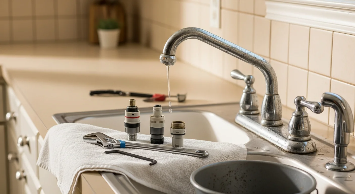 A plumber repairing a dripping bathroom sink faucet in a Rockdale County, GA home. The work area under the sink is visible with tools laid out on a cloth to protect the cabinet floor.