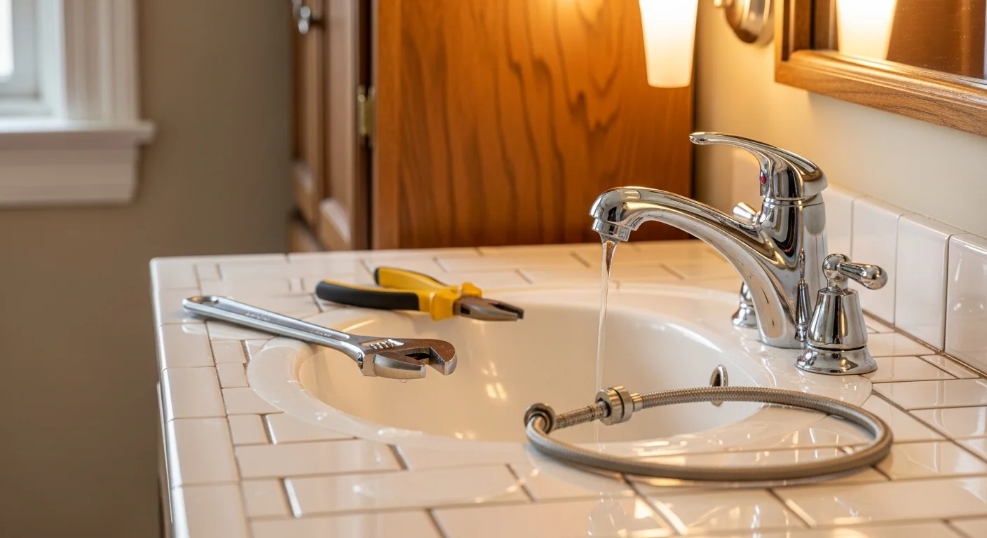 A newly installed bathroom faucet and sink in a Rockdale County home, with clean supply line connections visible beneath the basin. A plumber from Just Handyman checks the fixture fitting in a residential bathroom in Conyers, Georgia.