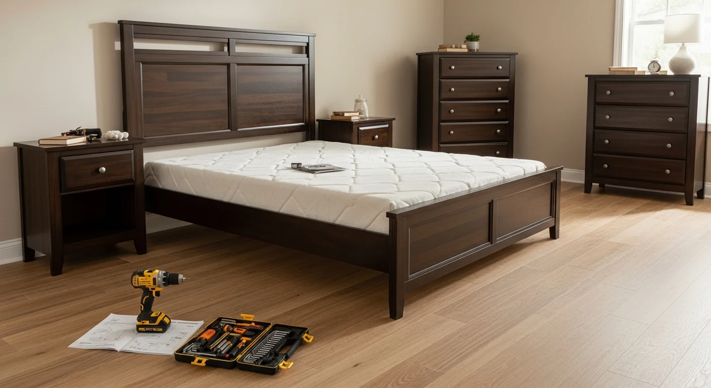 A fully assembled wooden bed frame and matching dresser set up in a residential bedroom in Rockdale County, Georgia. A Just Handyman technician stands nearby with tools after completing the furniture assembly.