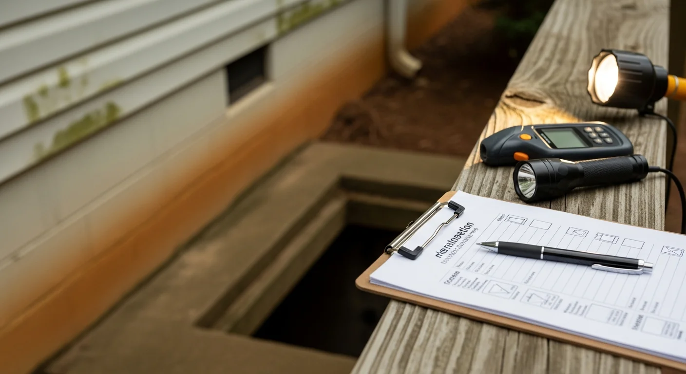 A Just Handyman inspector examining the exterior foundation and roofline of a single-family home in Rockdale County, Georgia. The inspector takes notes on a clipboard while reviewing visible structural components on a clear day.