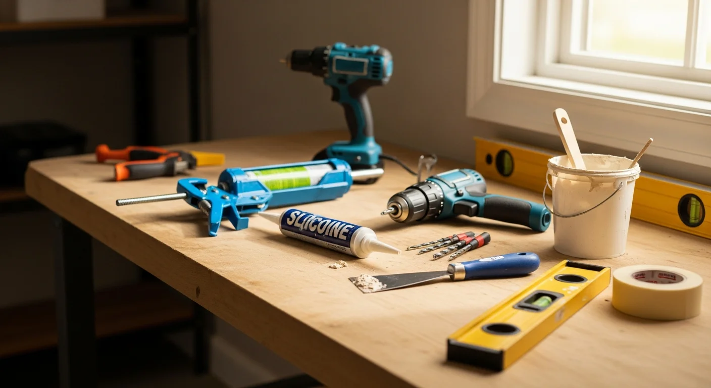 A handyman repairing a leaky faucet and patching drywall inside a single-family home in Rockdale County, Georgia. The work area shows completed repairs with tools organized on a drop cloth in a tidy residential interior.