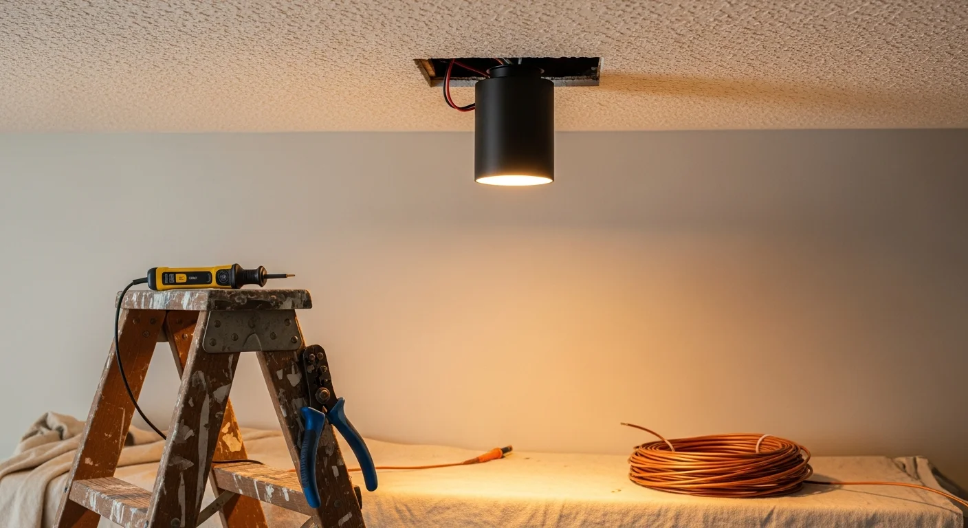 A newly installed ceiling light fixture in a single-family home in Rockdale County, Georgia, with clean wiring and a secure mount. The room is fully lit, showing the finished result of a professional light fixture installation.