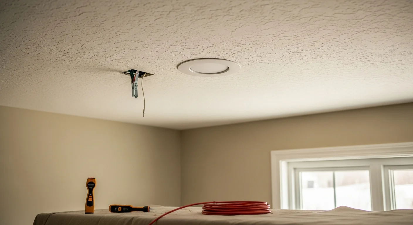 A Rockdale County, Georgia home interior showing newly installed recessed lighting fixtures in a living room ceiling, with clean wiring and bright, even illumination across the space. An electrician from Just Handyman is shown completing a final fixture check near the wall switch.