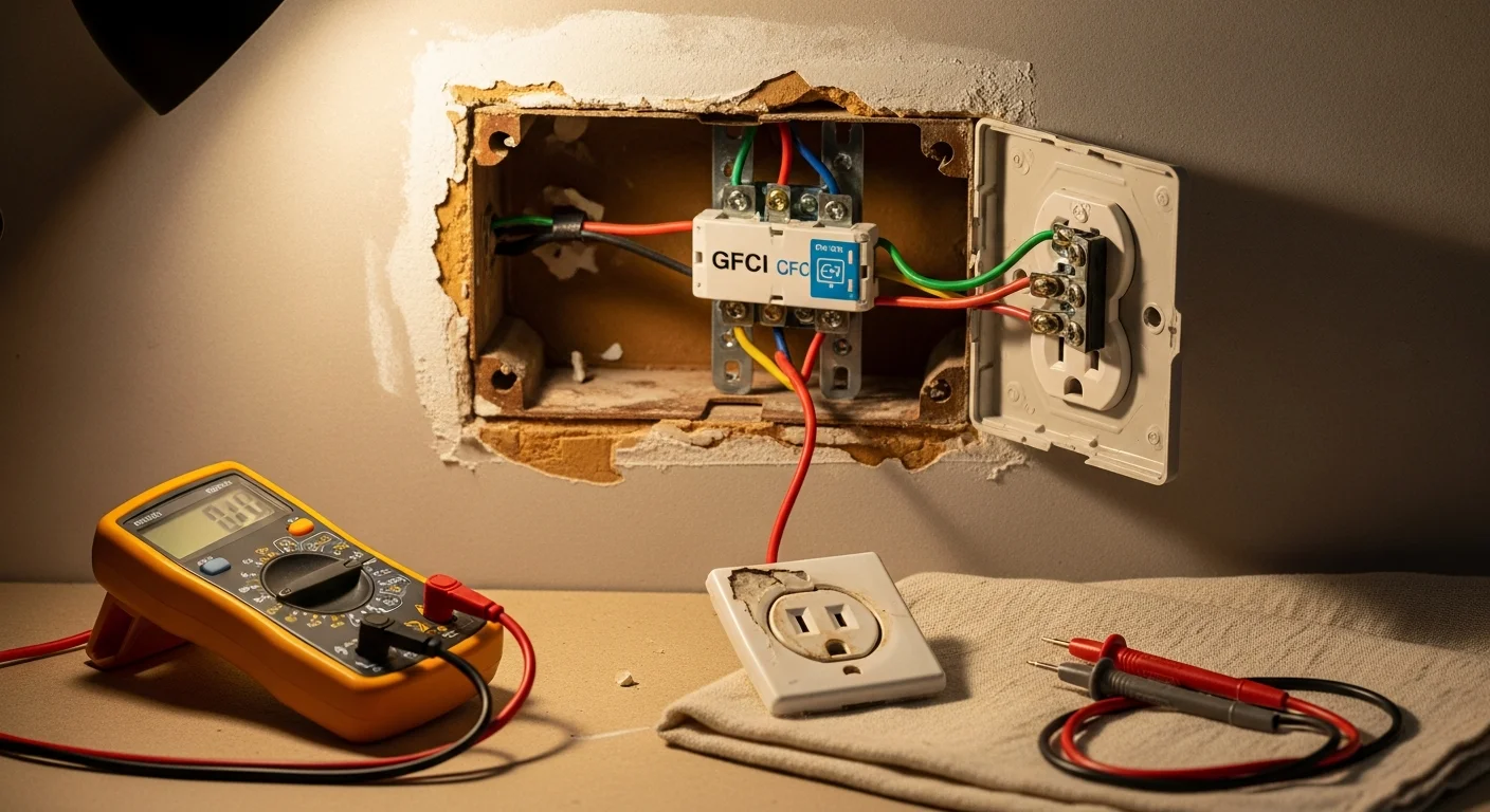 A licensed handyman replacing a faulty electrical outlet in a Rockdale County home, with the cover plate removed and wiring visible inside the wall box. The finished outlet sits flush against a clean wall in a residential kitchen.