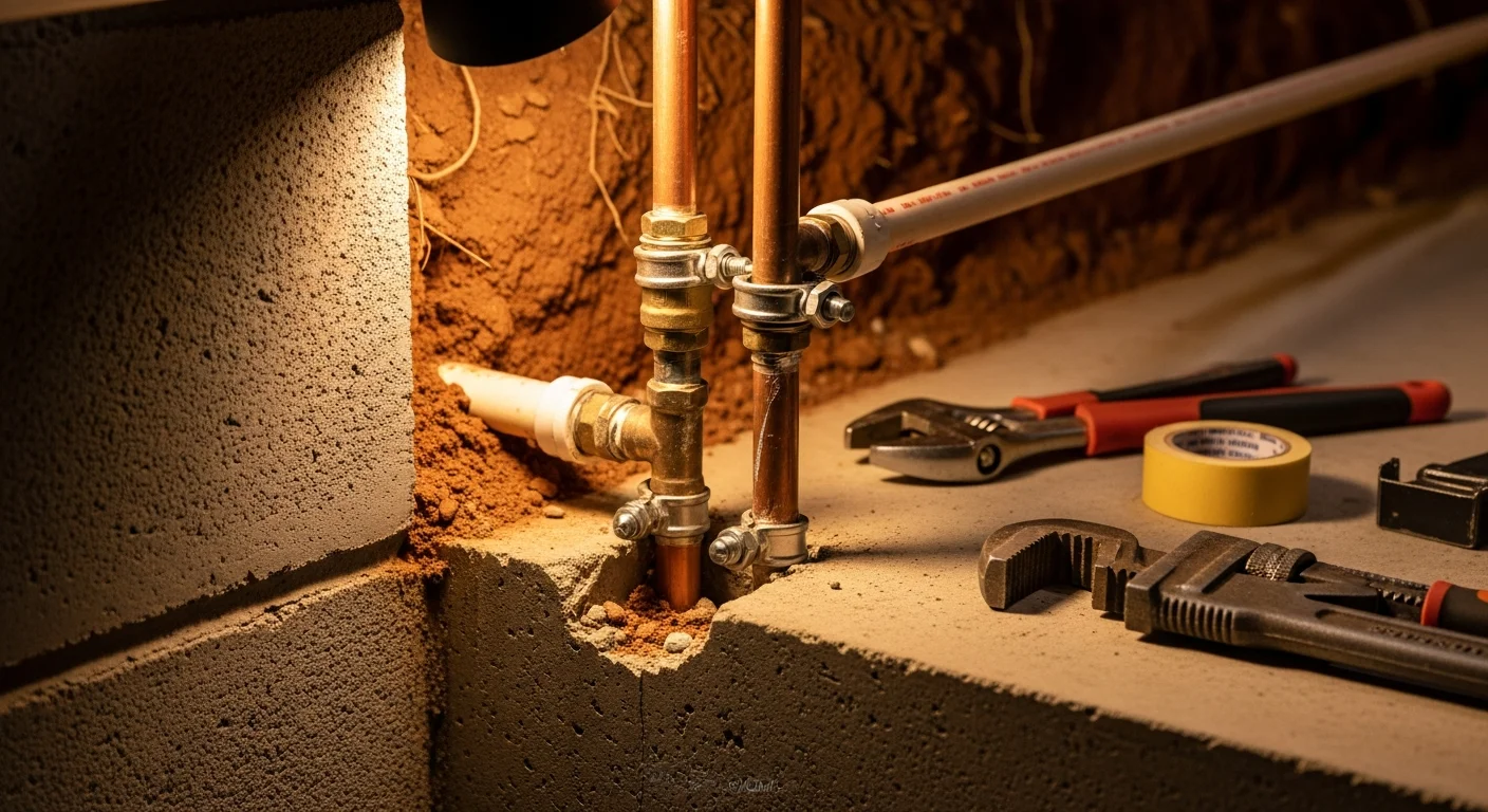 A plumber repairing a leaking pipe inside the wall of a single-family home in Rockdale County, Georgia. The damaged pipe section is exposed through a small wall opening, with repair tools visible on the floor nearby.