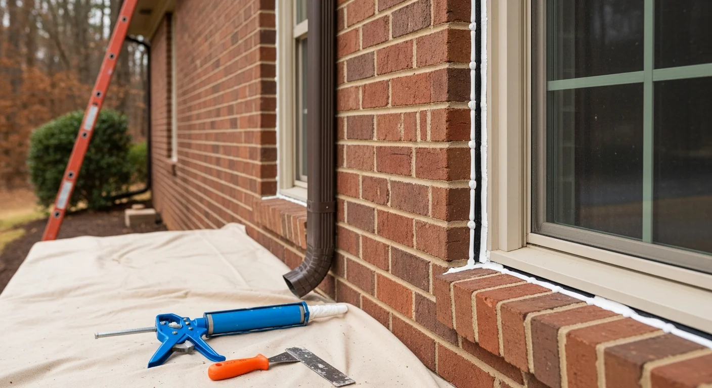A handyman inspecting and re-caulking a window frame on a single-family home in Rockdale County, Georgia. Close-up view shows fresh sealant applied along the exterior trim to block moisture and air gaps.