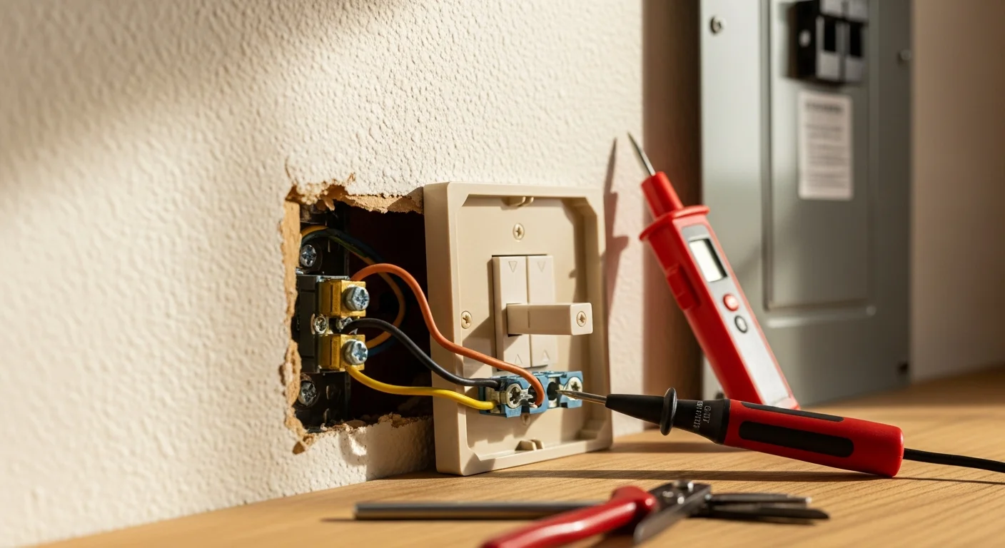 A Just Handyman technician replacing a faulty wall switch in a Rockdale County, Georgia home. The switch plate is removed and wiring connections are visible during the repair process.