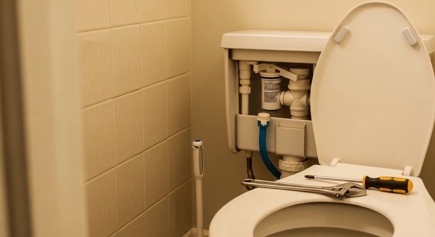 A plumber inspecting and repairing the internal tank components of a residential toilet in a Rockdale County, GA home. The toilet tank lid is removed, showing the fill valve and flapper being assessed during a repair visit.