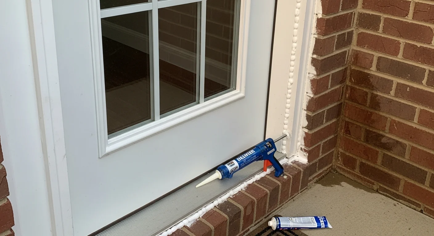 A handyman applying weather stripping to the door frame of a single-family home in Rockdale County, Georgia. The exterior shows a residential neighborhood setting with the door frame fully sealed against the elements.